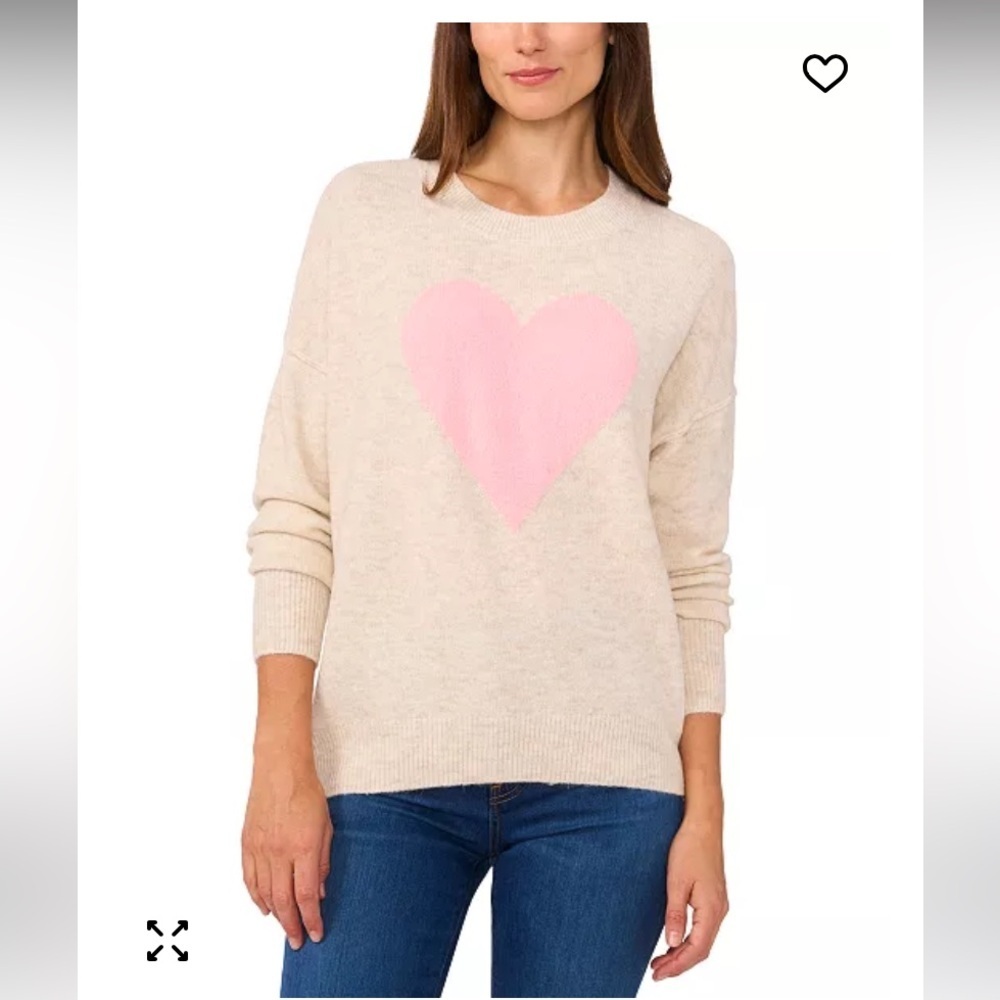 CeCe Women's Cream Valentine's Crewneck Heart-Print Long-Sleeve Sweater Size Med